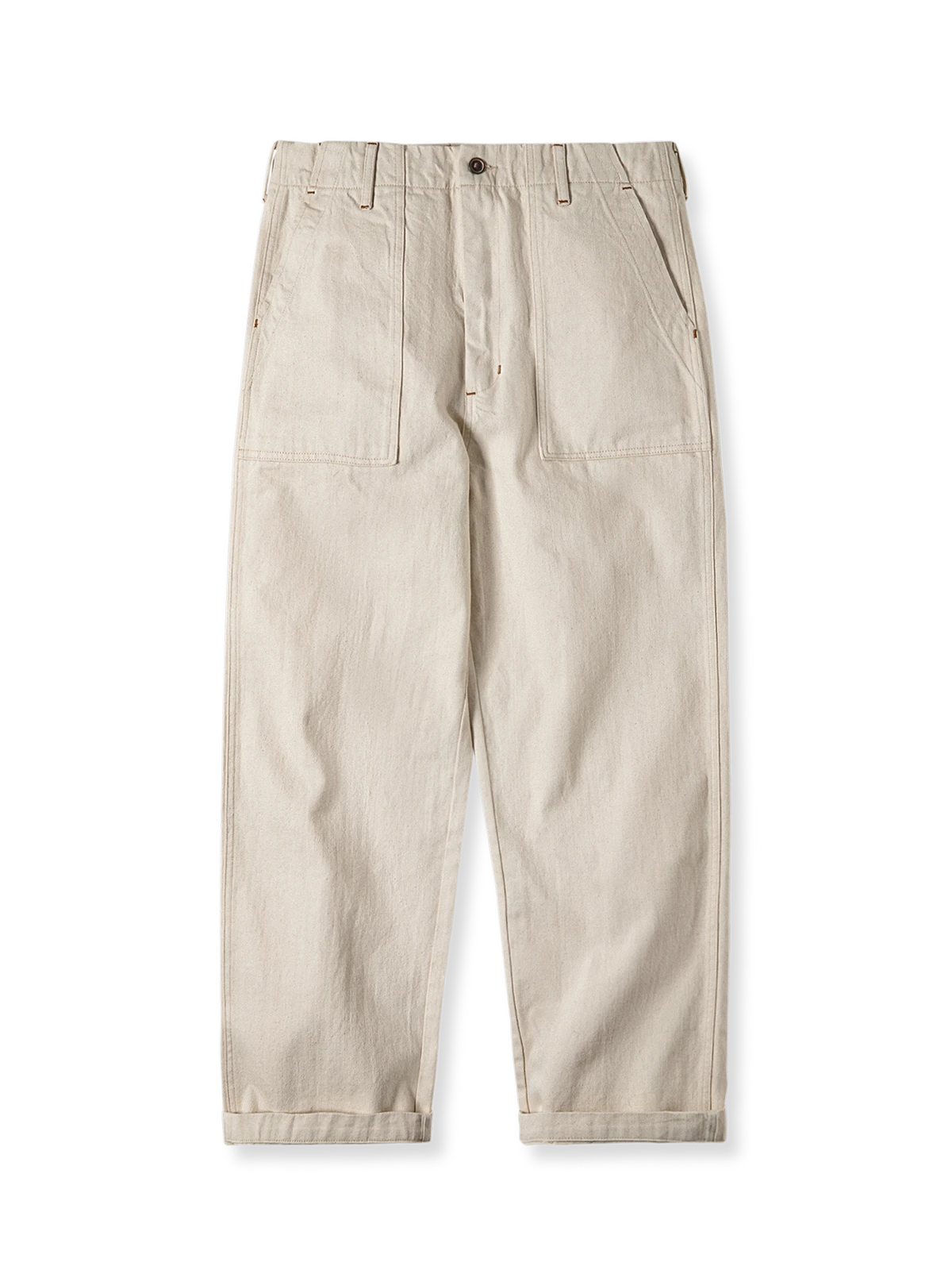 11.2オンスナチュラル綿帆デニムパンツの全体とセルビッチディテールを写した写真