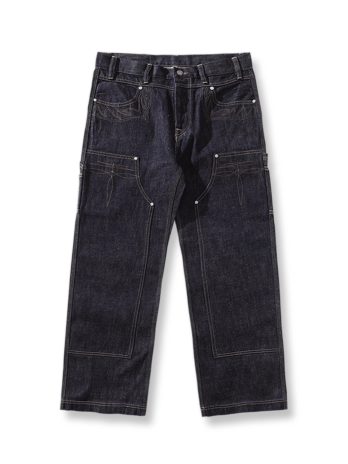 インディゴセルビッジデニムのワイドレッグワークパンツ