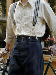 モデルが着用するヴィンテージストライプジャカードシャツ