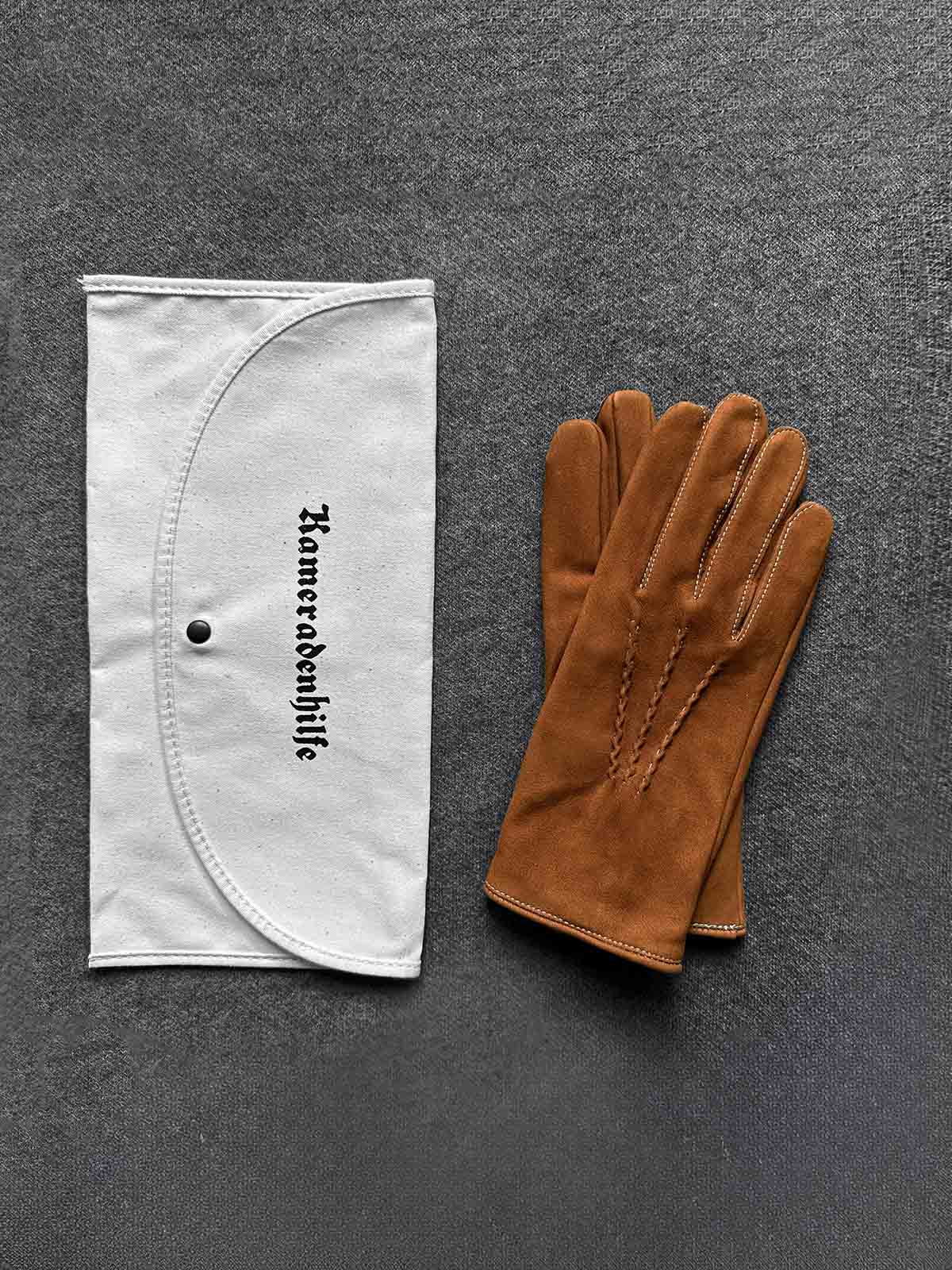 製品画像:1930年代ドイツ風カーフレザー製飛行士グローブの正面画像。ヴィンテージスタイルのデザイン。
詳細画像:カーフレザーの質感とクラシックな縫製ディテールのアップ画像。