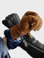 製品画像:1930年代ドイツ風カーフレザー製飛行士グローブの正面画像。ヴィンテージスタイルのデザイン。
詳細画像:カーフレザーの質感とクラシックな縫製ディテールのアップ画像。