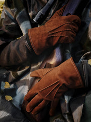 製品画像:1930年代ドイツ風カーフレザー製飛行士グローブの正面画像。ヴィンテージスタイルのデザイン。
詳細画像:カーフレザーの質感とクラシックな縫製ディテールのアップ画像。