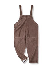 1930年代ヘリンボーンツイルウォッシュ加工オーバーオール、ワイドシルエット、真鍮ジッパー、調節可能サスペンダー