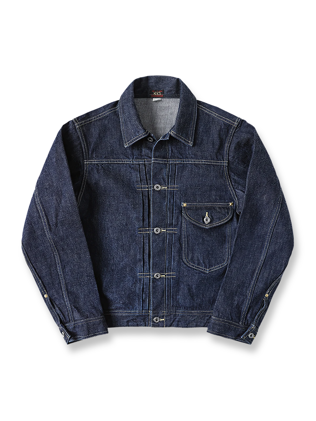 1940年代S101Jリバイバルデニムジャケットの全体正面画像、月桂ボタンとフラップ胸ポケットのディテール。