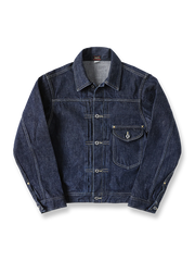 1940年代S101Jリバイバルデニムジャケットの全体正面画像、月桂ボタンとフラップ胸ポケットのディテール。