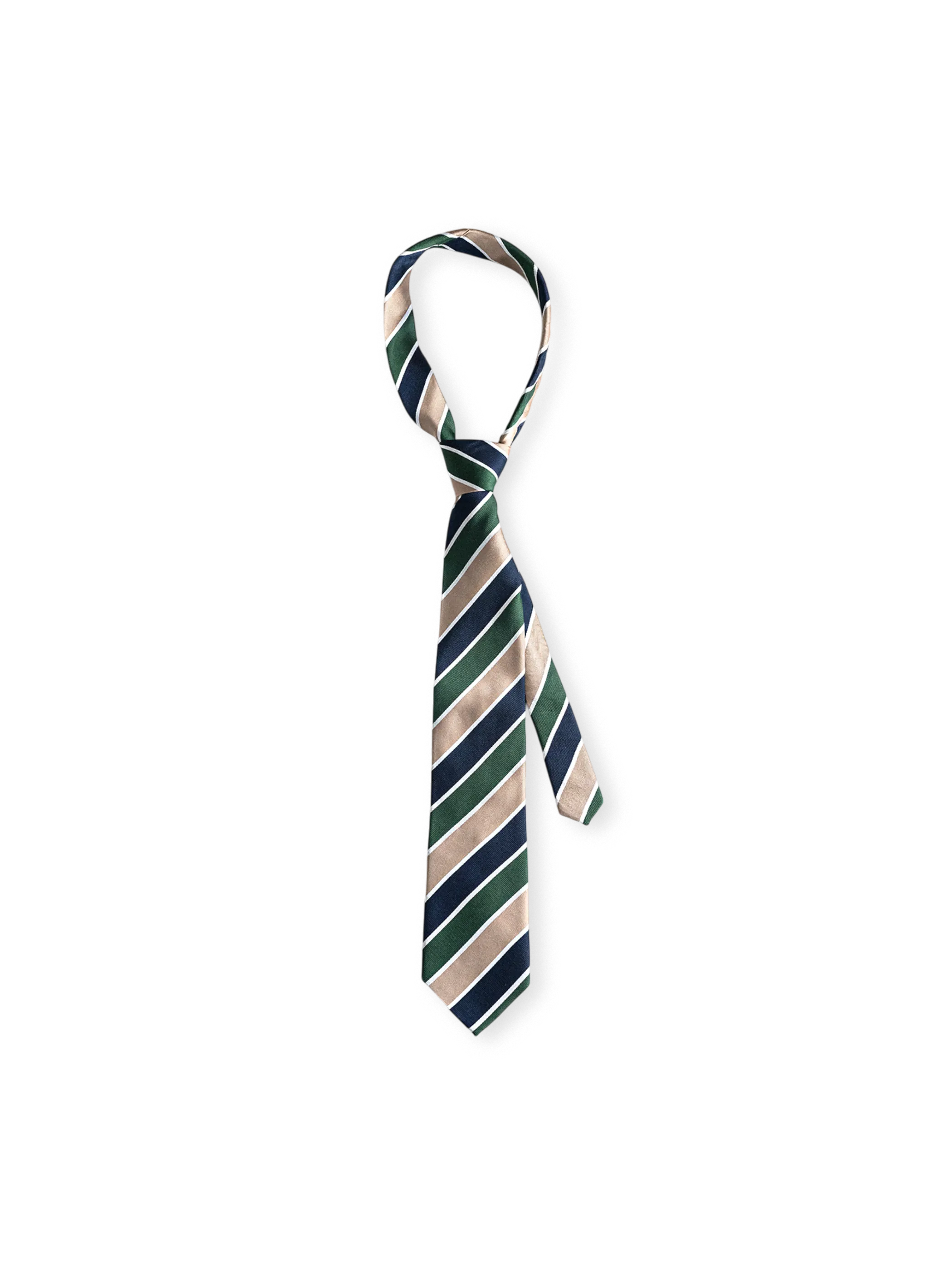 1950年代アメリカ紳士服着想のストライプシルク手裁断ネクタイ。金糸手縫いステッチと反転防止芯地付き。