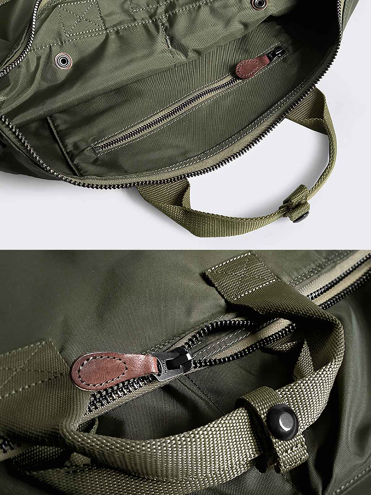 製品画像: 1970年代風 エアフォース 軽量ナイロンヘルメットバッグの正面全体画像。リメイクされたヴィンテージデザインで、45x48cmの大容量。軽量ナイロン素材で、通勤やアウトドアに最適。
詳細画像: 1970年代風 エアフォース 軽量ナイロンヘルメットバッグのポケットディテール画像。前面に2つの実用的なポケットがあり、荷物の取り出しが簡単。