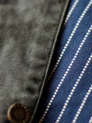 製品画像: アメカジヴィンテージウォッシュキャンバスベストの平置き写真
詳細画像: ストライプデザインと織り模様のディテールショット
