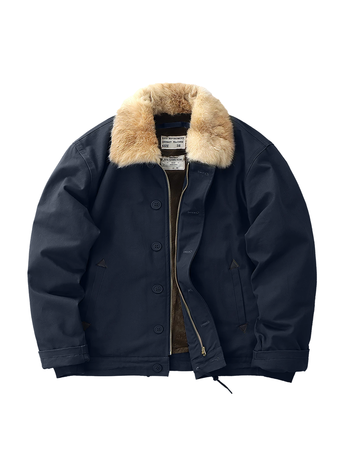 製品画像: N1 デッキジャケット メンズ 裏起毛 ラビットファー襟 ミリタリーデザイン 正面ビュー
詳細画像: TALONジッパーとラビットファー襟のディテール、混紡フリース内側の特写