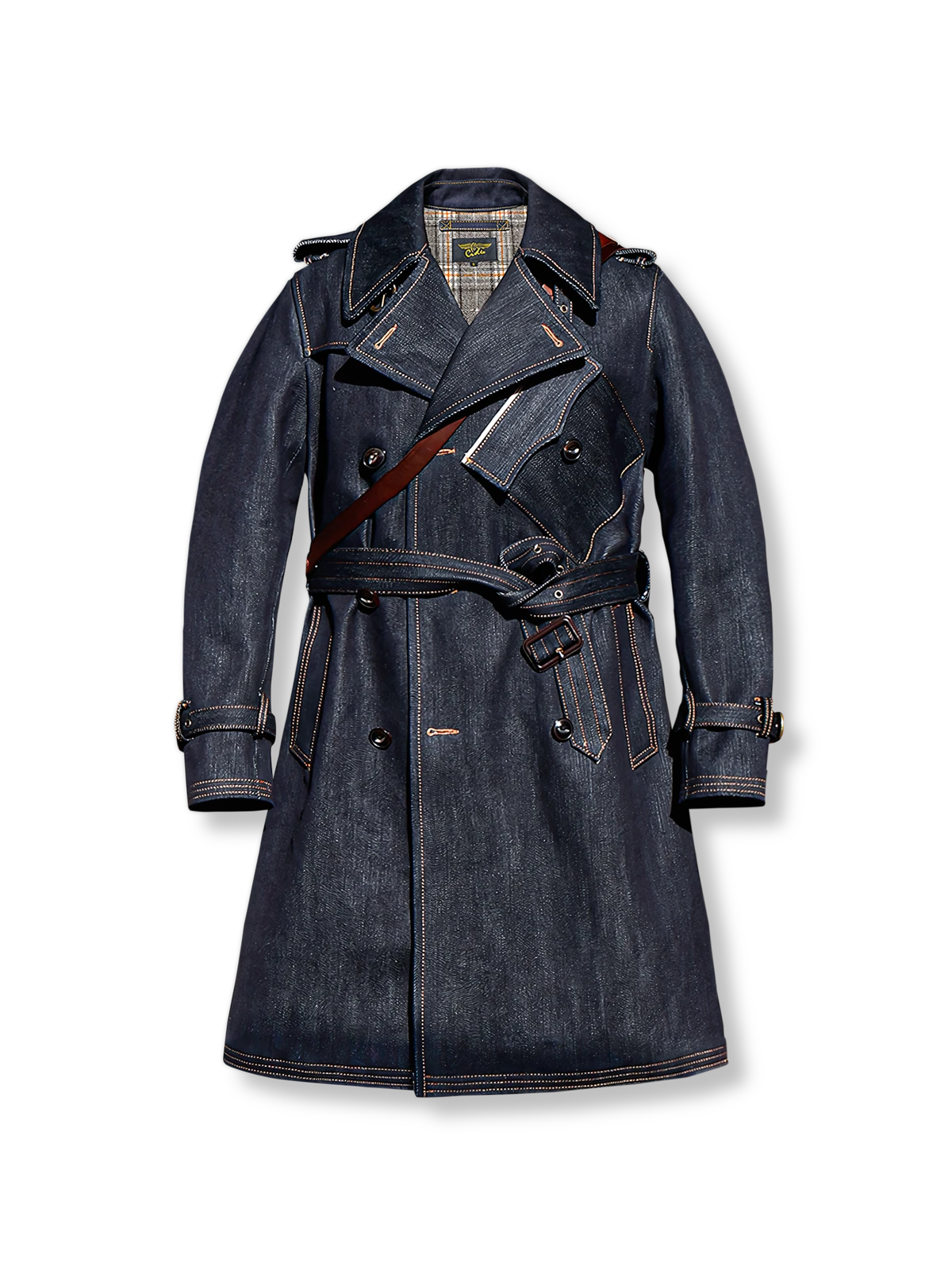 22オンスセルビッジデニムのミディ丈トレンチコート