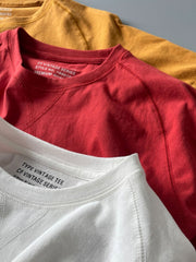 アメリカンヴィンテージウォッシュドコットンラグランスリーブTシャツ2枚セットの細部画像、高品質コットン素材と厚いリブネックを示す