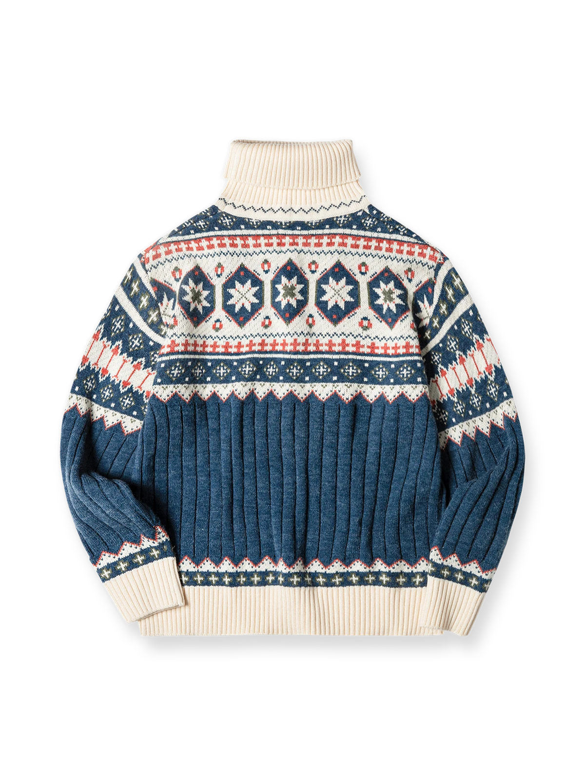 鮮やかなフェアアイル柄と高めの襟が特徴の2WAY仕様ニットセーターの全体と柄ディテールを写した写真