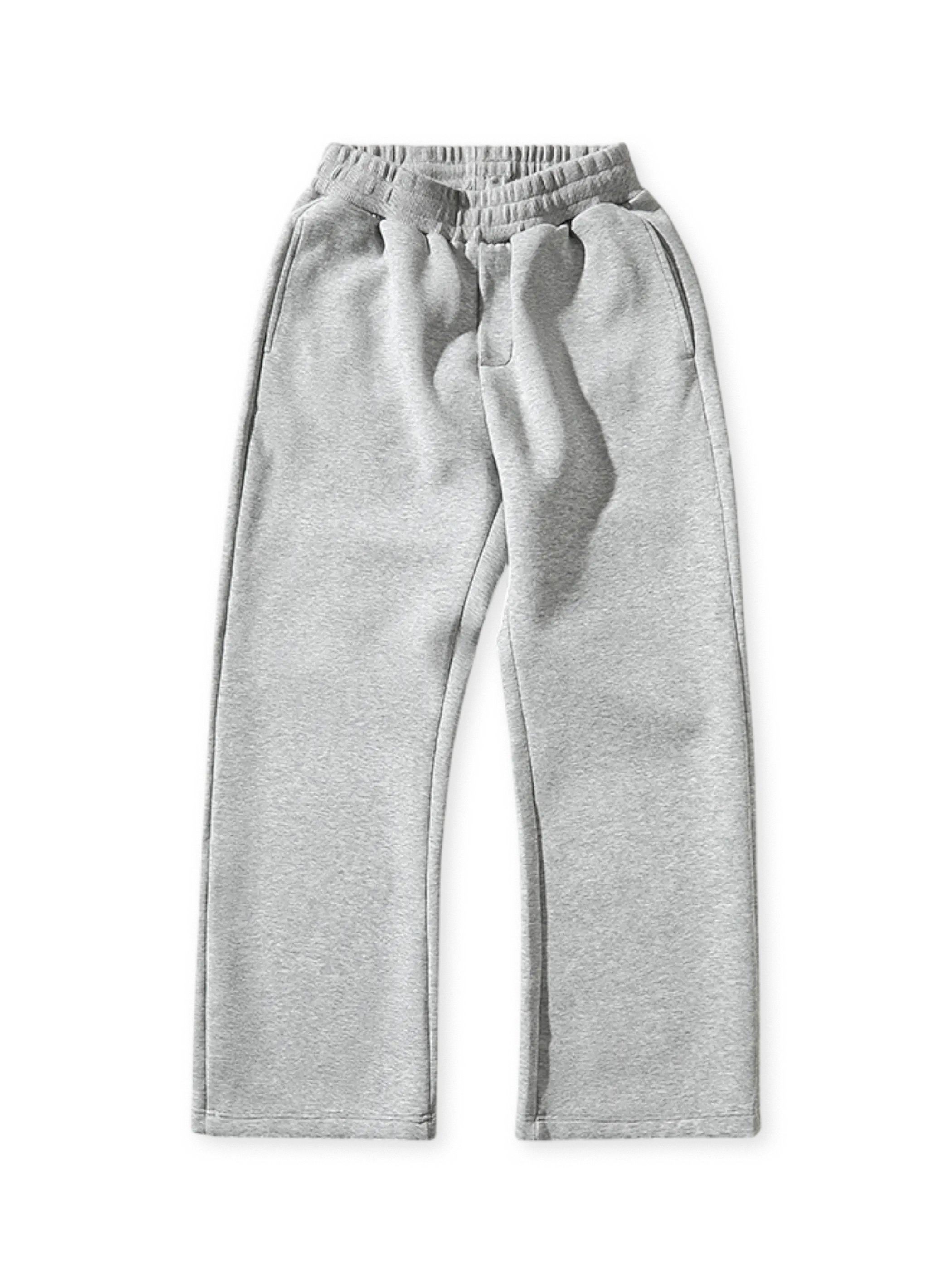 三層構造エアレイヤー生地の微フレアスウェットパンツ。ワイドリブウエスト、隠しポケット、バックダーツが特徴。