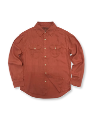 ライセール素材のヘリンボーン柄長袖シャツ、カーキ・ネイビー・グレーの3色展開。