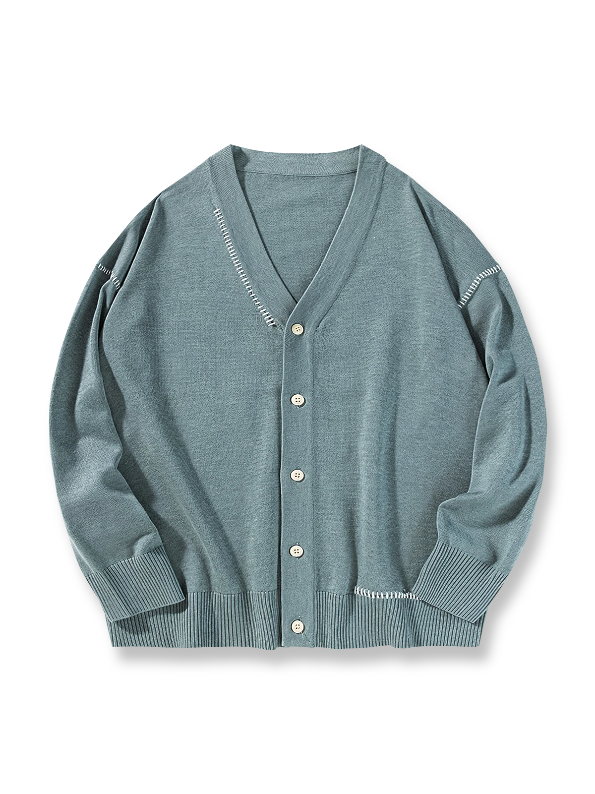 アクリルコットン混紡素材のVネックニットカーディガン。9ゲージ編みで3色展開。ボタン式前開き。