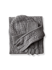 ラムウール・カシミヤ混紡のケーブル柄ニット3点セット。保温性高く毛玉防止機能付きの冬用アクセサリー。