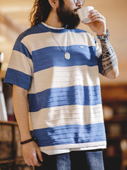 カラー ブロック 3D細ストライプ ニット半袖Tシャツ