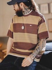 カラー ブロック 3D細ストライプ ニット半袖Tシャツ