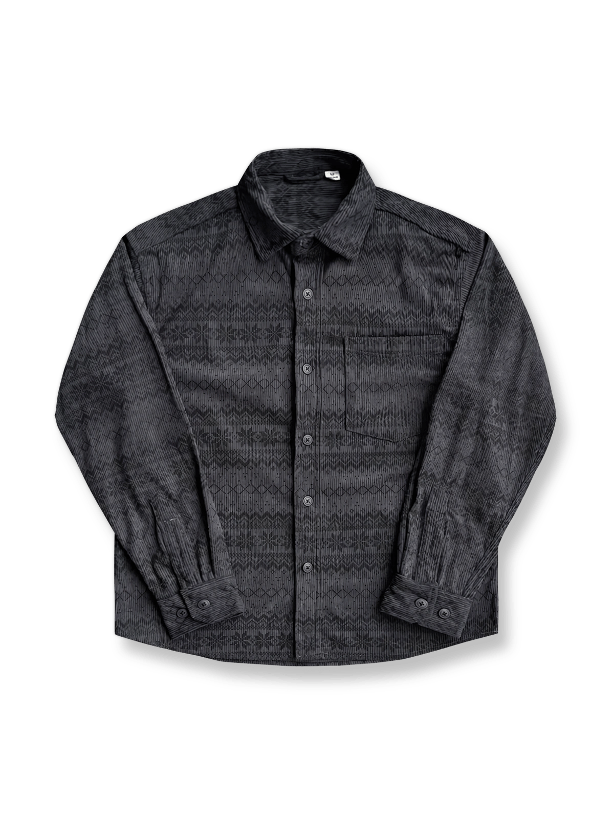 製品画像: 4色展開の民族風ヴィンテージプリントコーデュロイシャツ。ウォッシュ加工された柔らかいコーデュロイ素材の長袖シャツの全体展示画像。個性的なデザインと快適な着心地を特徴とするメンズ・レディース向けトップス。
詳細画像: 高品質のコットン製ストレッチコーデュロイ素材を使用した民族風プリントシャツのディテールクローズアップ画像。細かなプリントのデザインと素材の質感が強調されている画像。