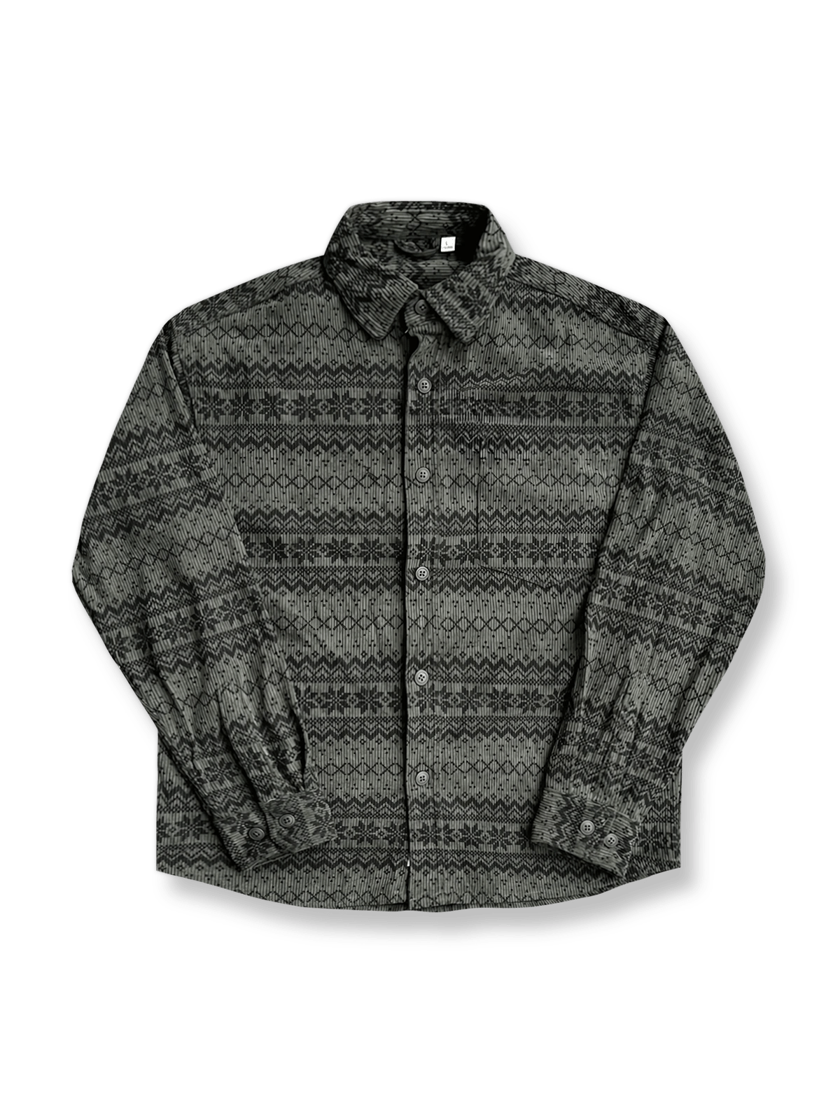 製品画像: 4色展開の民族風ヴィンテージプリントコーデュロイシャツ。ウォッシュ加工された柔らかいコーデュロイ素材の長袖シャツの全体展示画像。個性的なデザインと快適な着心地を特徴とするメンズ・レディース向けトップス。
詳細画像: 高品質のコットン製ストレッチコーデュロイ素材を使用した民族風プリントシャツのディテールクローズアップ画像。細かなプリントのデザインと素材の質感が強調されている画像。