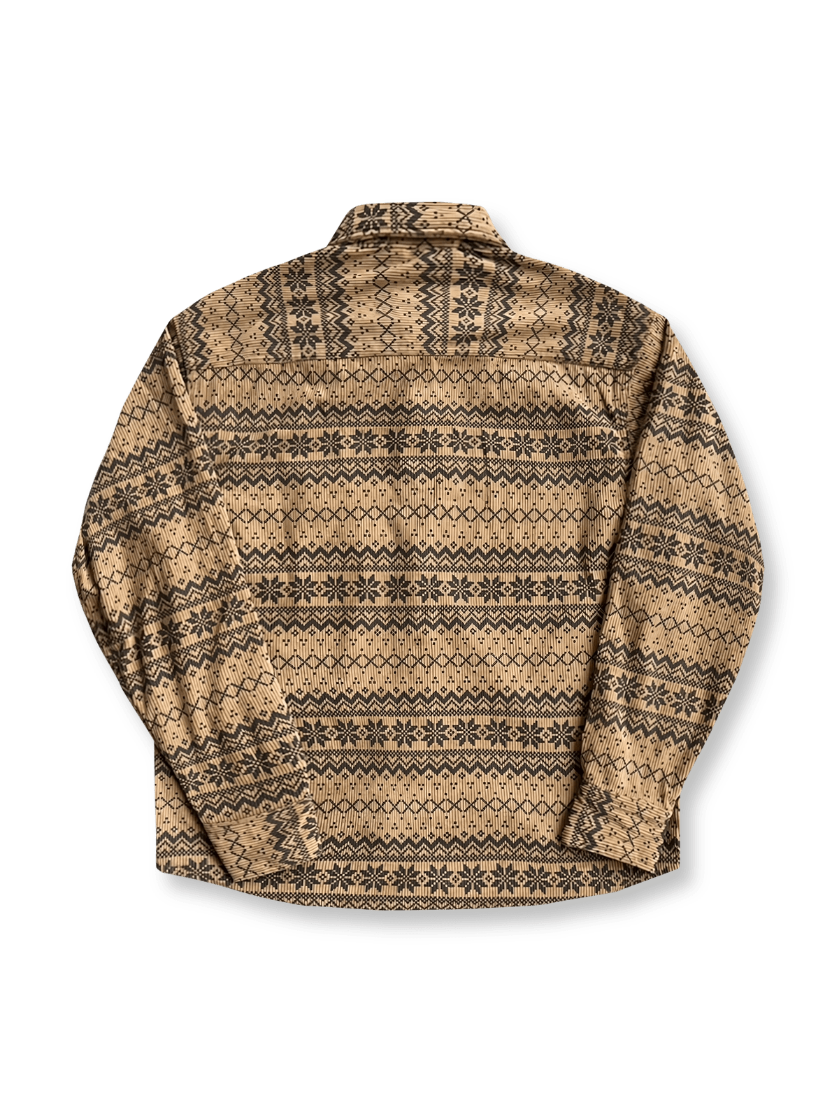 製品画像: 4色展開の民族風ヴィンテージプリントコーデュロイシャツ。ウォッシュ加工された柔らかいコーデュロイ素材の長袖シャツの全体展示画像。個性的なデザインと快適な着心地を特徴とするメンズ・レディース向けトップス。
詳細画像: 高品質のコットン製ストレッチコーデュロイ素材を使用した民族風プリントシャツのディテールクローズアップ画像。細かなプリントのデザインと素材の質感が強調されている画像。