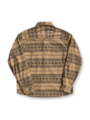 製品画像: 4色展開の民族風ヴィンテージプリントコーデュロイシャツ。ウォッシュ加工された柔らかいコーデュロイ素材の長袖シャツの全体展示画像。個性的なデザインと快適な着心地を特徴とするメンズ・レディース向けトップス。
詳細画像: 高品質のコットン製ストレッチコーデュロイ素材を使用した民族風プリントシャツのディテールクローズアップ画像。細かなプリントのデザインと素材の質感が強調されている画像。