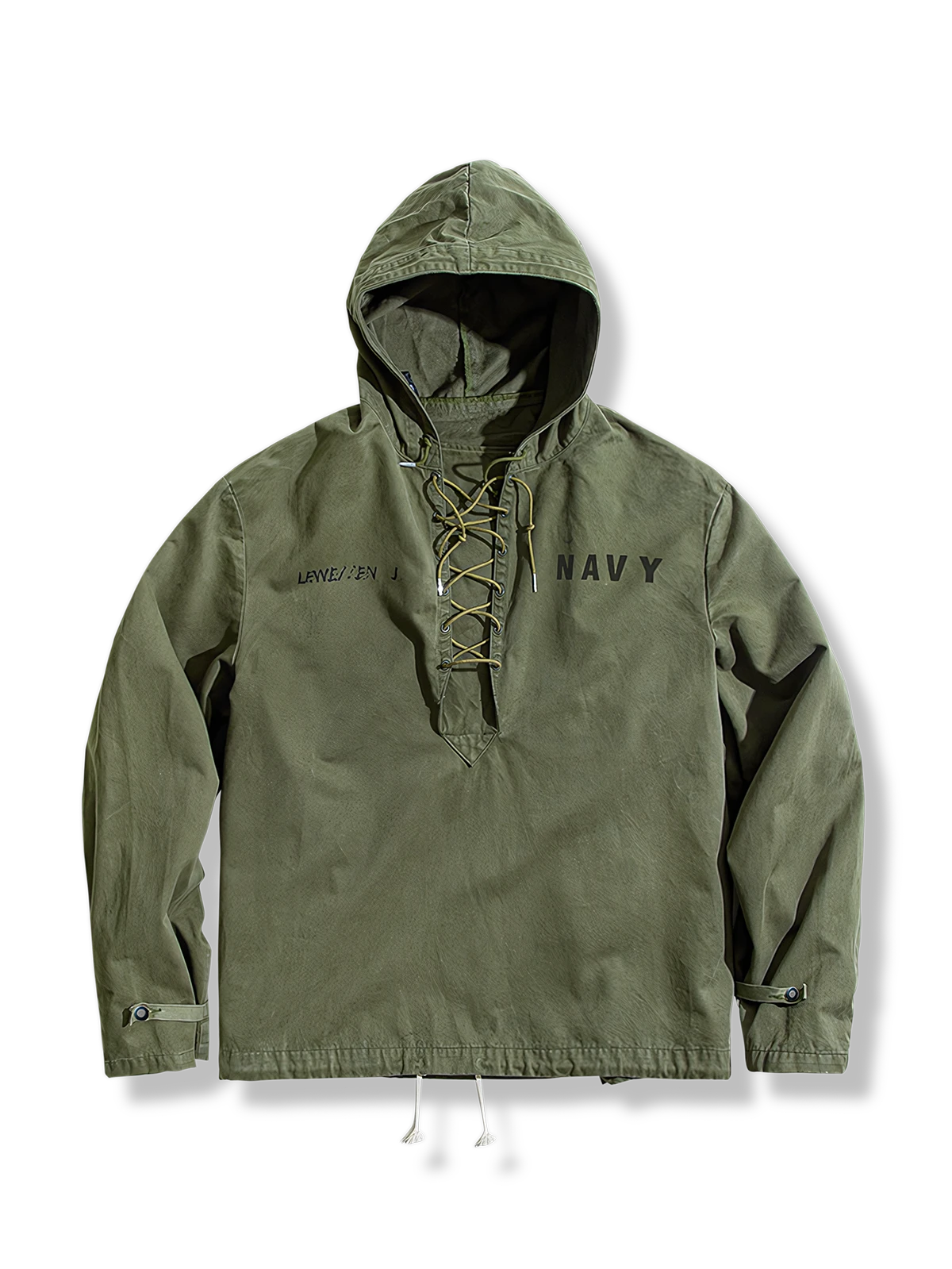 40年代アメリカ海軍デッキパーカーの全体と赤銅色ボタンのディテールを写した写真