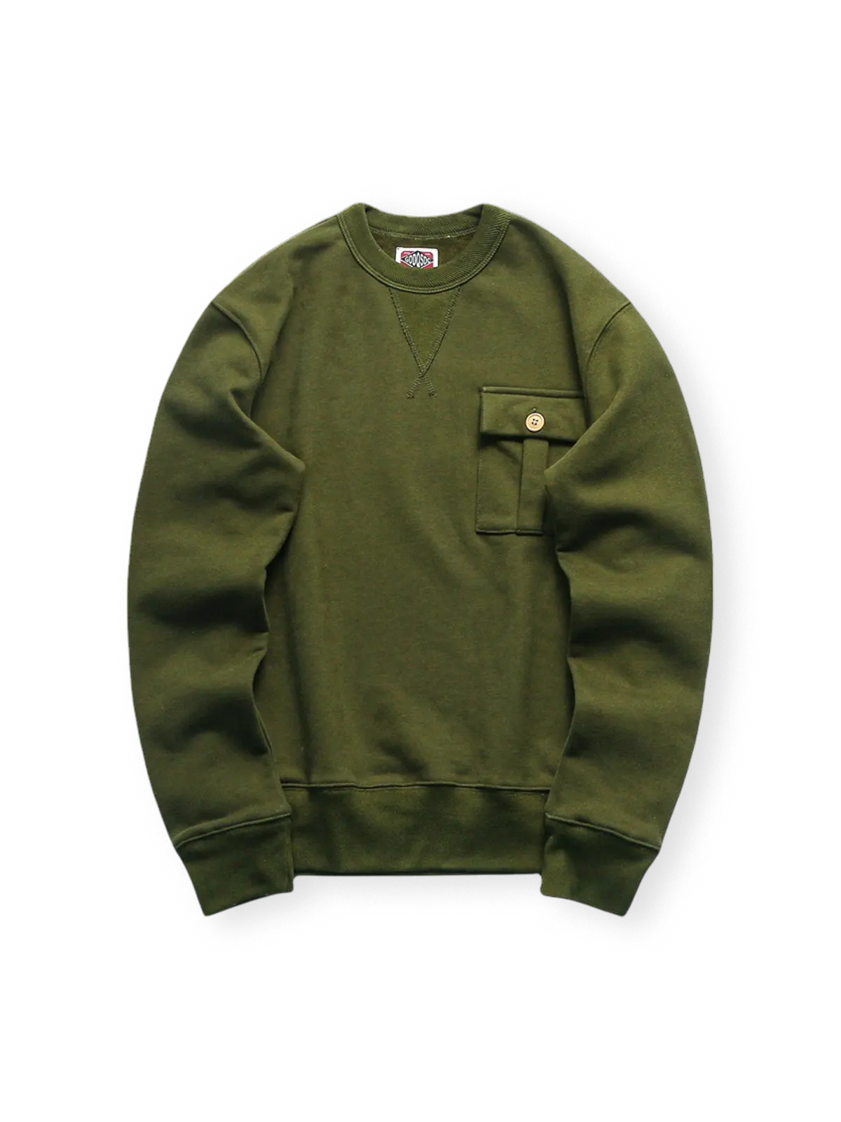 490g高重量コットンスウェット。胸元シングルポケット、倒三角ステッチ、ダブルリブ襟口が特徴。