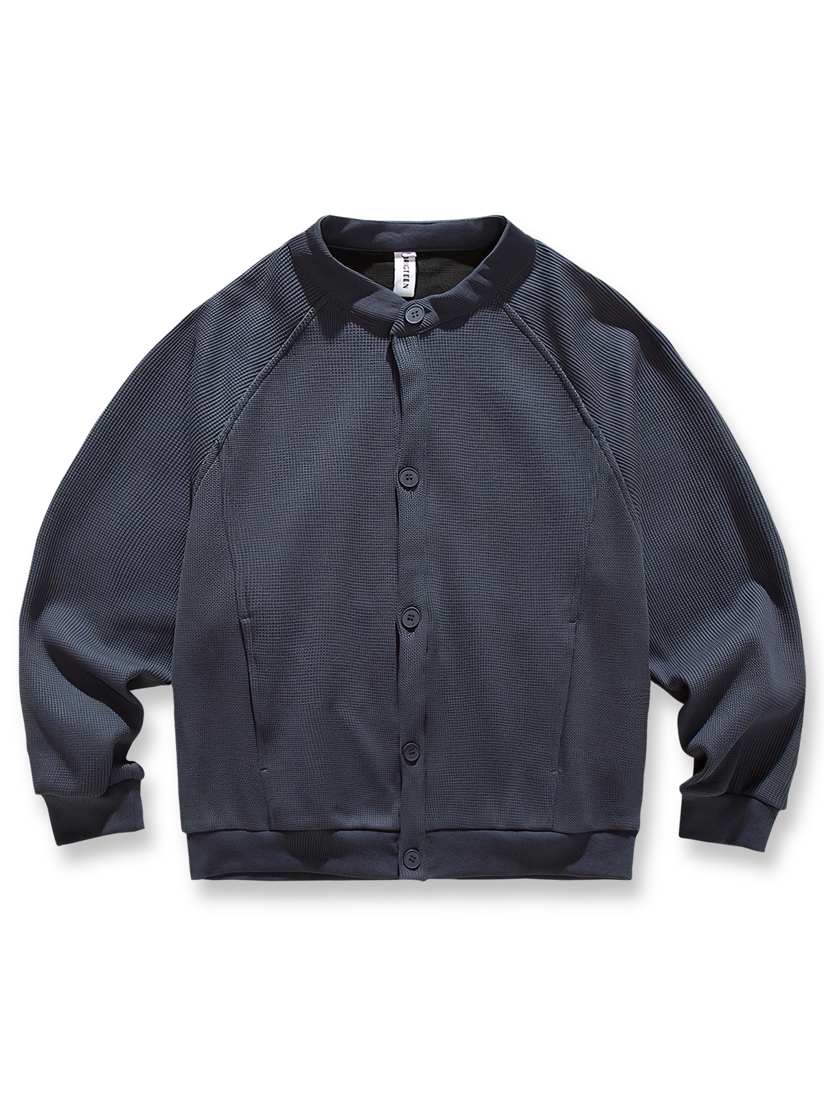 4色展開ワッフル織りカーディガンセーターの全体正面画像、ラウンドネックとボタンディテール。