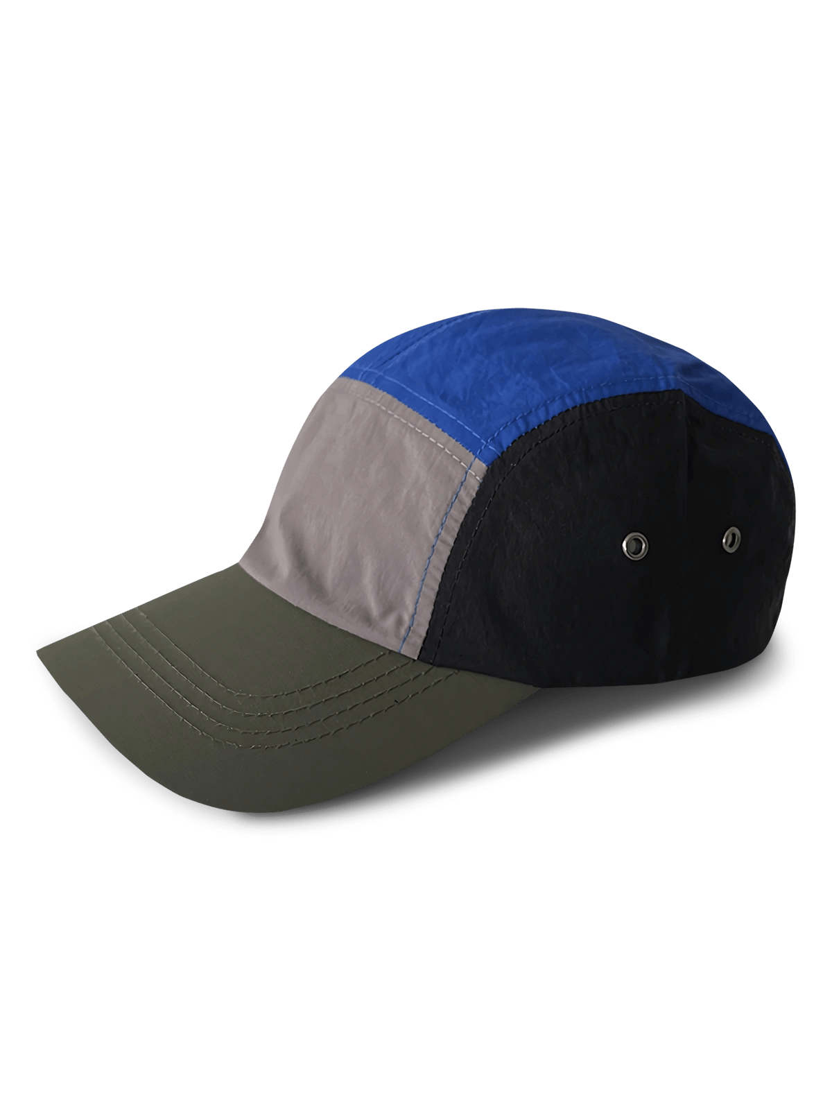 製品画像: 4種類の異なるカラー切り替えデザインの5パネルキャップの正面画像