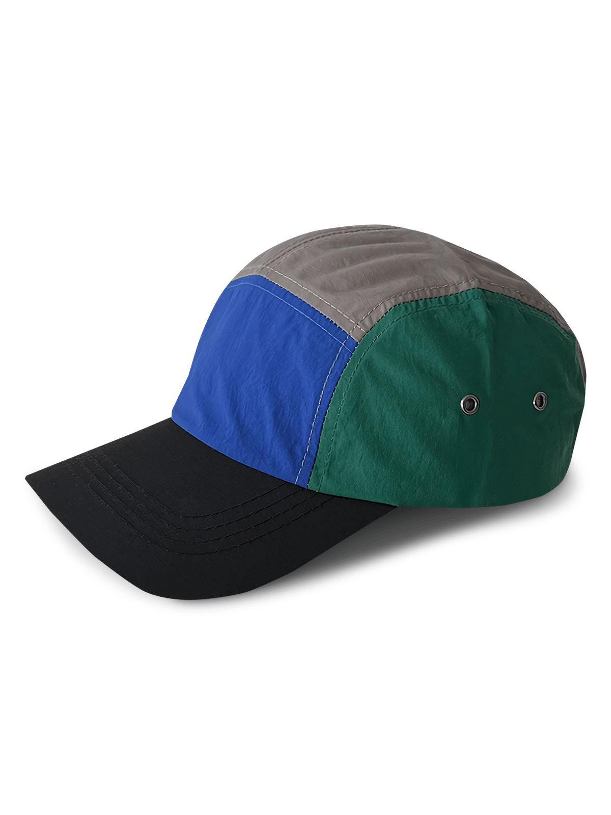 製品画像: 4種類の異なるカラー切り替えデザインの5パネルキャップの正面画像