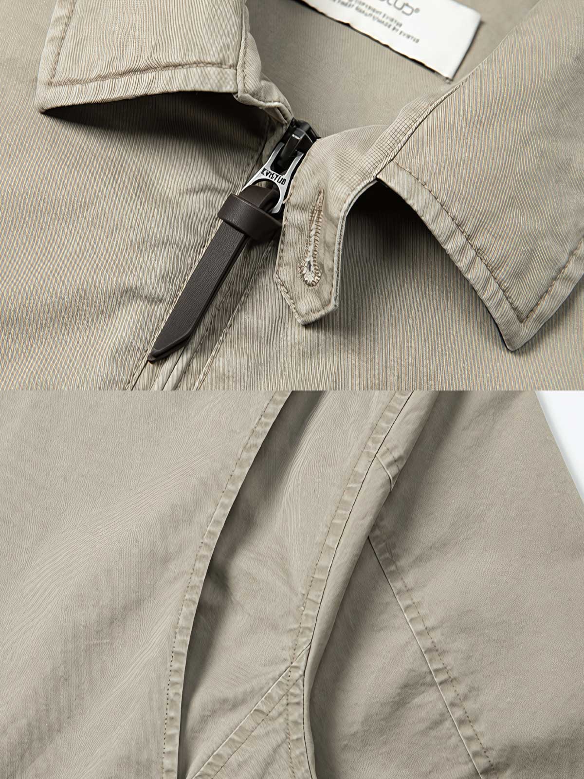 ジャケットのヴィンテージ襟デザインと素材ディテールの展示