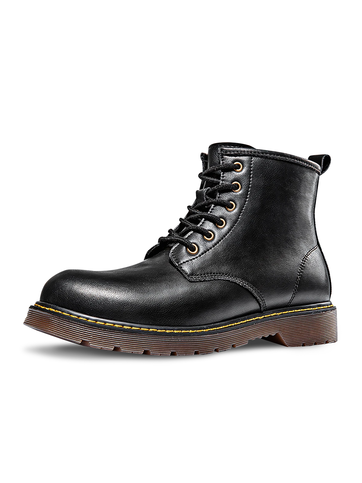 ブラックのスムース・ヌバックレザーとブラウンヌバック、イエローウェルトステッチ入り6ホールワークブーツ