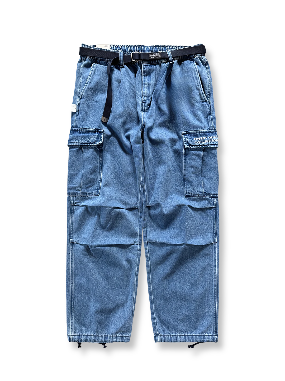 6色展開多機能ポケットワイドレッグワークデニムパンツの全体正面画像、3-in-1ウエストデザインと多機能ポケットのディテール。