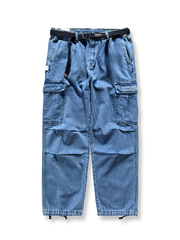 6色展開多機能ポケットワイドレッグワークデニムパンツの全体正面画像、3-in-1ウエストデザインと多機能ポケットのディテール。