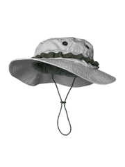 ウォッシュ加工を施した100%コットン製の70年代レトロハワイアンジャングルラウンドエッジハット、前低後高シルエット&通気メッシュ、内蔵ポケット付き。