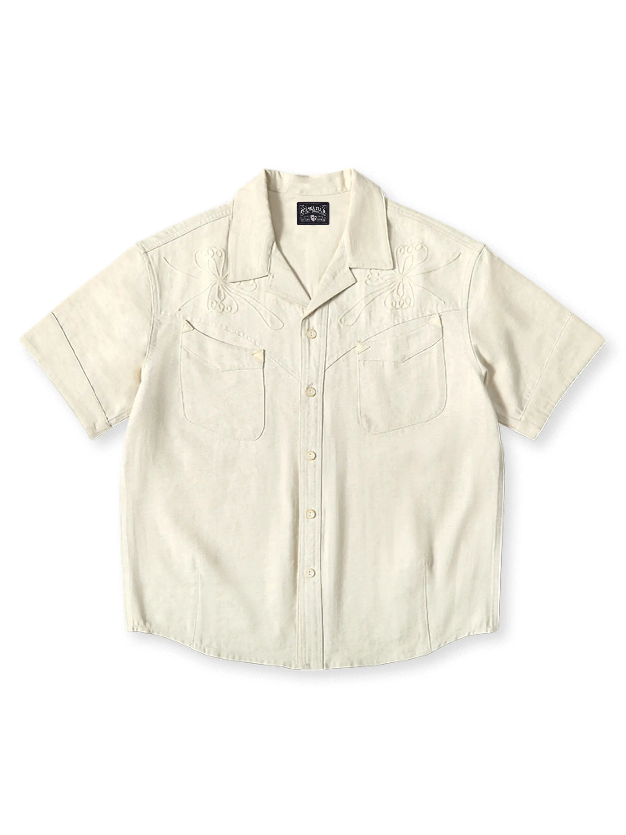 白革パッチとチェーン刺繍が映えるコットンリネンウェスタンキューバシャツ