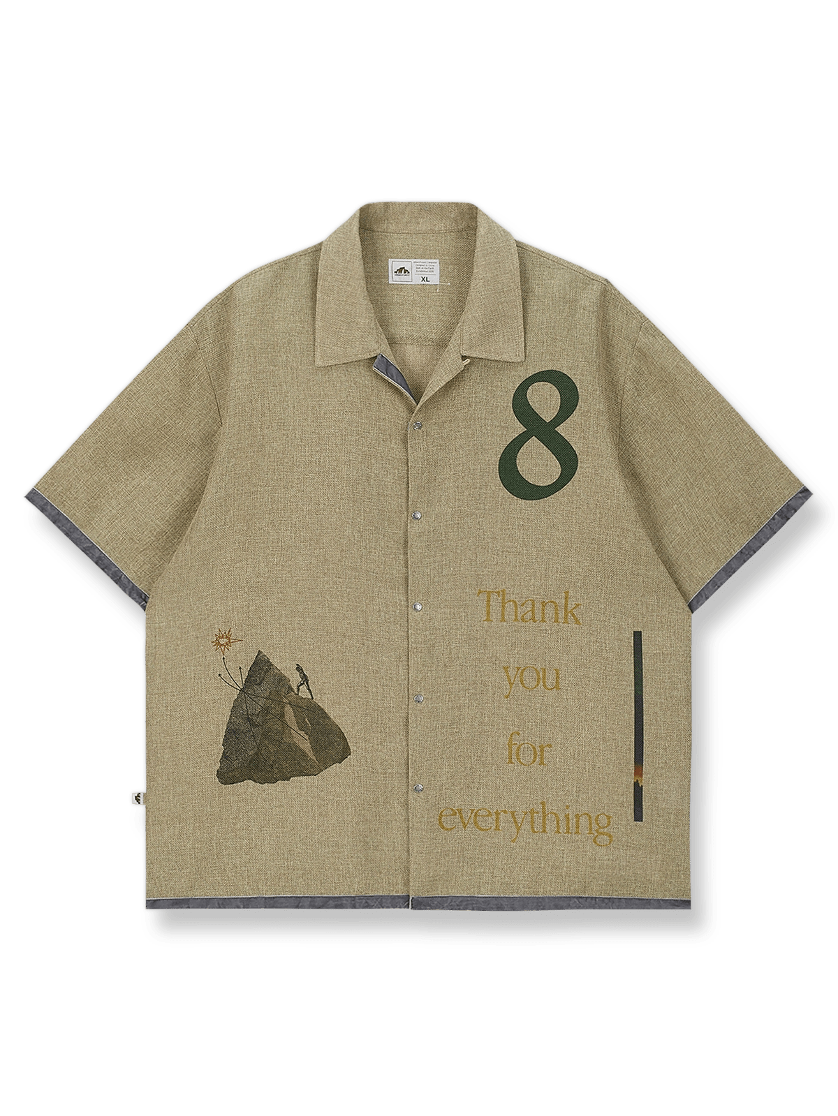 8周年記念のフラグメントプリントをあしらったラフィア素材シャツ。