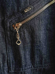 製品画像: 91-Bデニム竹節柄ワークジャケットの正面図
詳細画像: 91-Bジャケットのジッパーおよびポケットディテールのクローズアップ