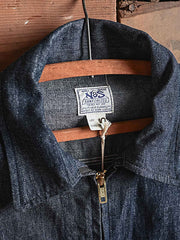 製品画像: 91-Bデニム竹節柄ワークジャケットの正面図
詳細画像: 91-Bジャケットのジッパーおよびポケットディテールのクローズアップ