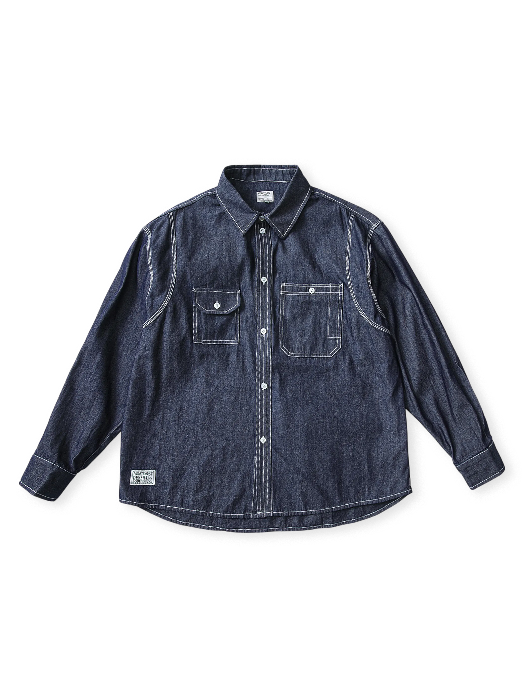 1930年代US Duty Work Shirt着想の日本製9ozダブルウィーブデニムシャツ。加硬裏地と三本ステッチ補強付き。