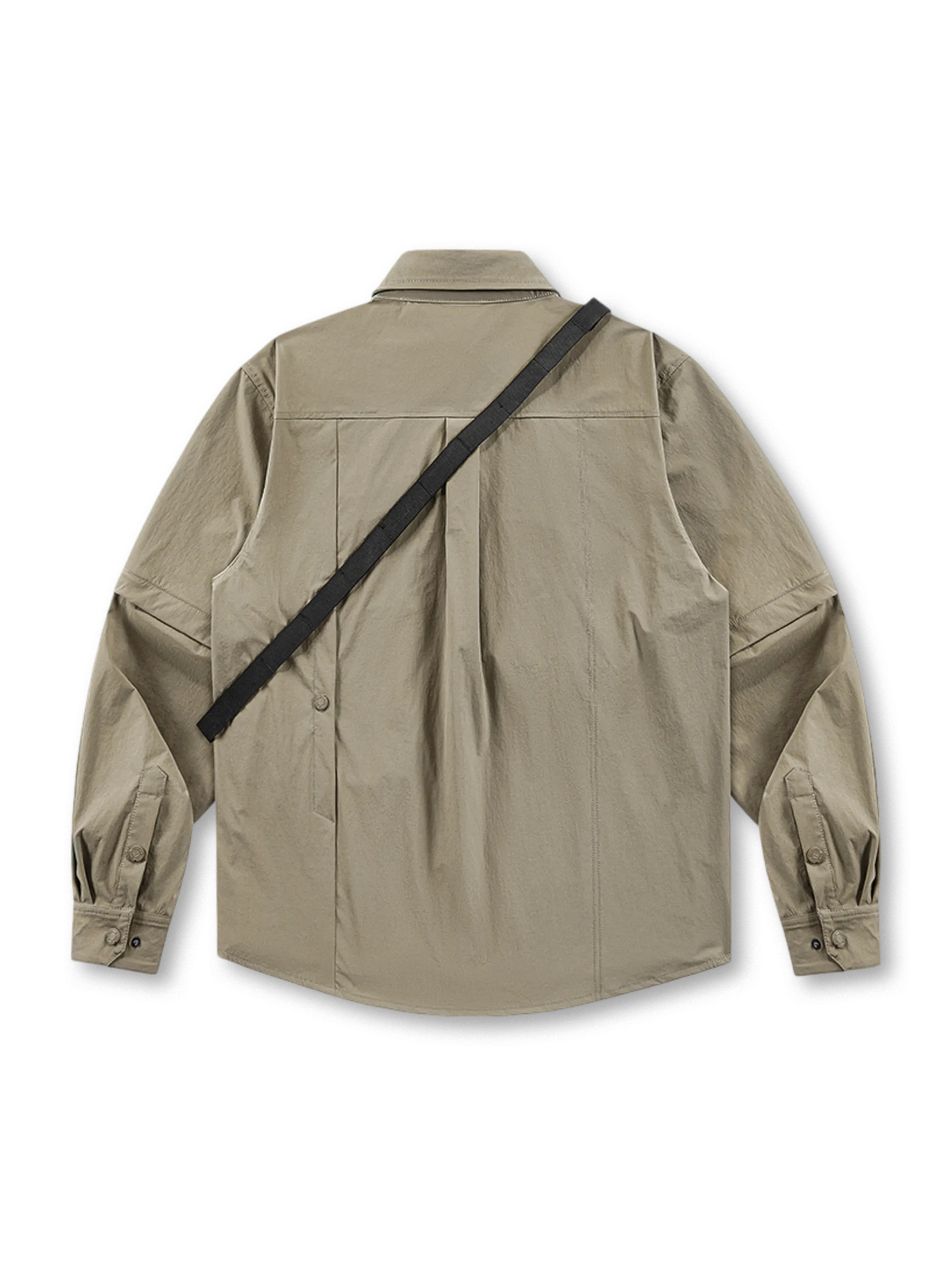 マルチポケット付き長袖シャツ、ショルダーストラップ風外掛け紐