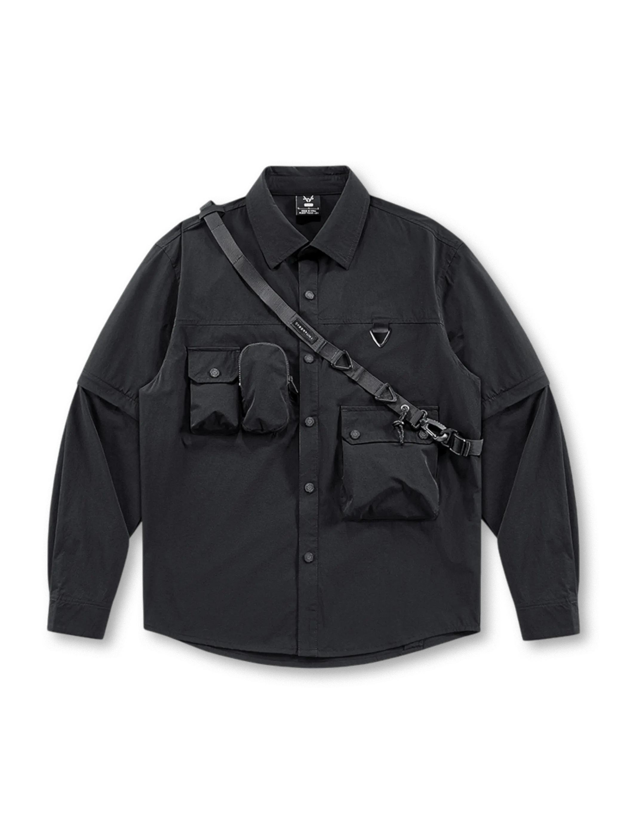 マルチポケット付き長袖シャツ、ショルダーストラップ風外掛け紐