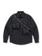 マルチポケット付き長袖シャツ、ショルダーストラップ風外掛け紐