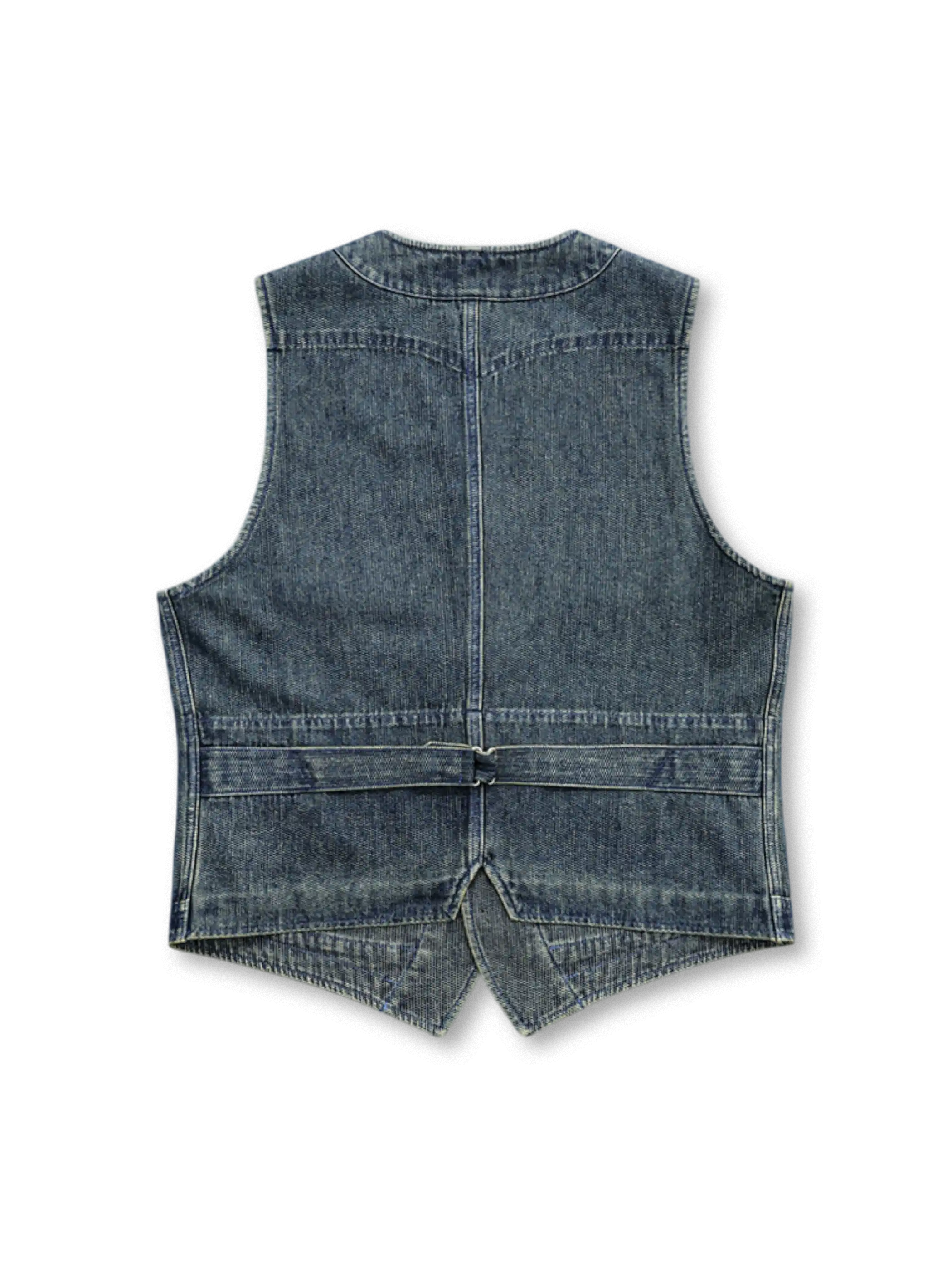 正面から見たヴィンテージデニムワークベスト、前面に不規則フラップポケットとウエスト収絞りが確認できる