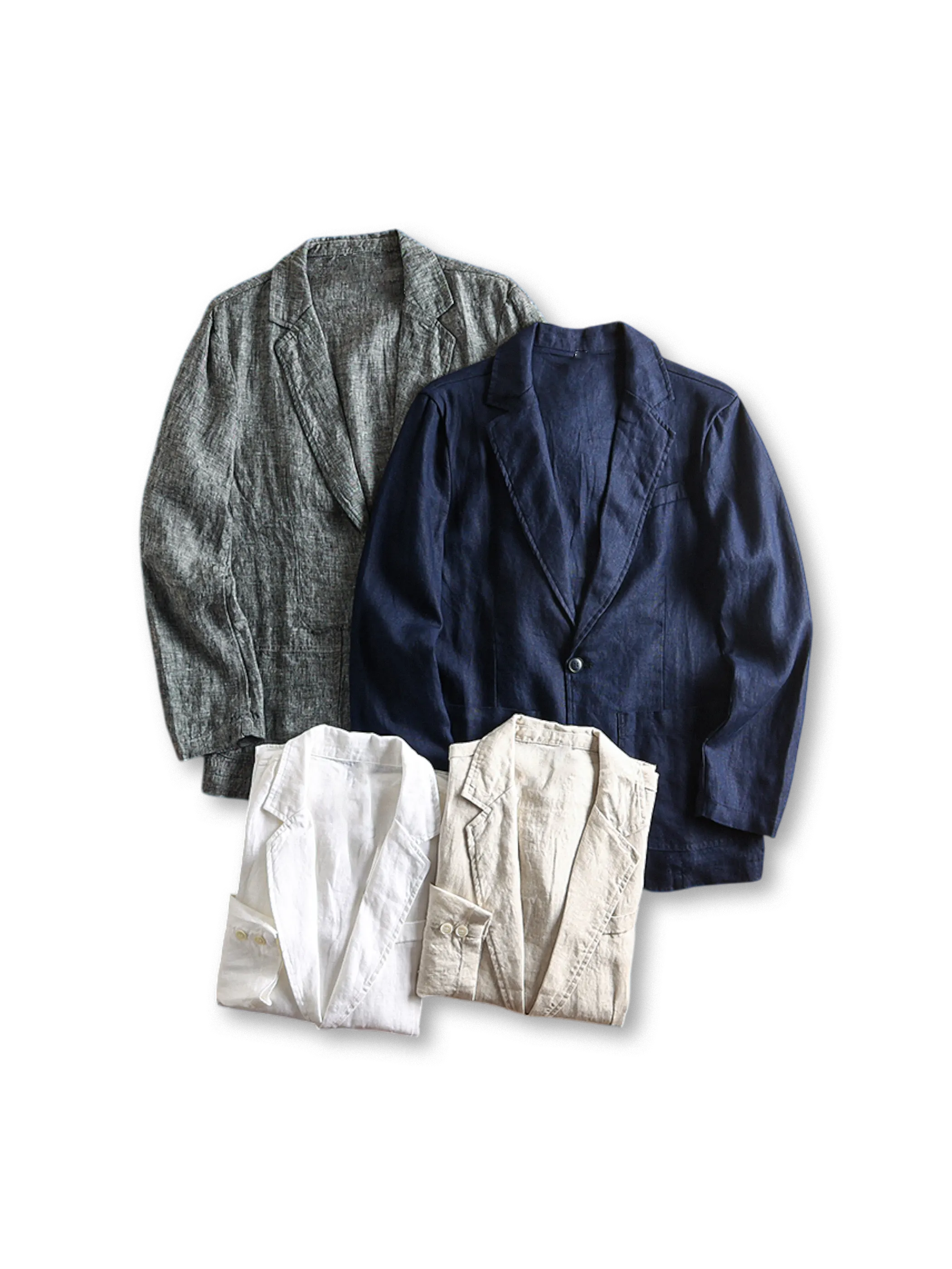 ウォッシュ加工されたリネン素材のテーラードジャケット、フロントに二つボタンとパッチポケッ