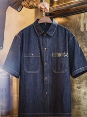 BORO風のパッチが付いた半袖デニムシャツ