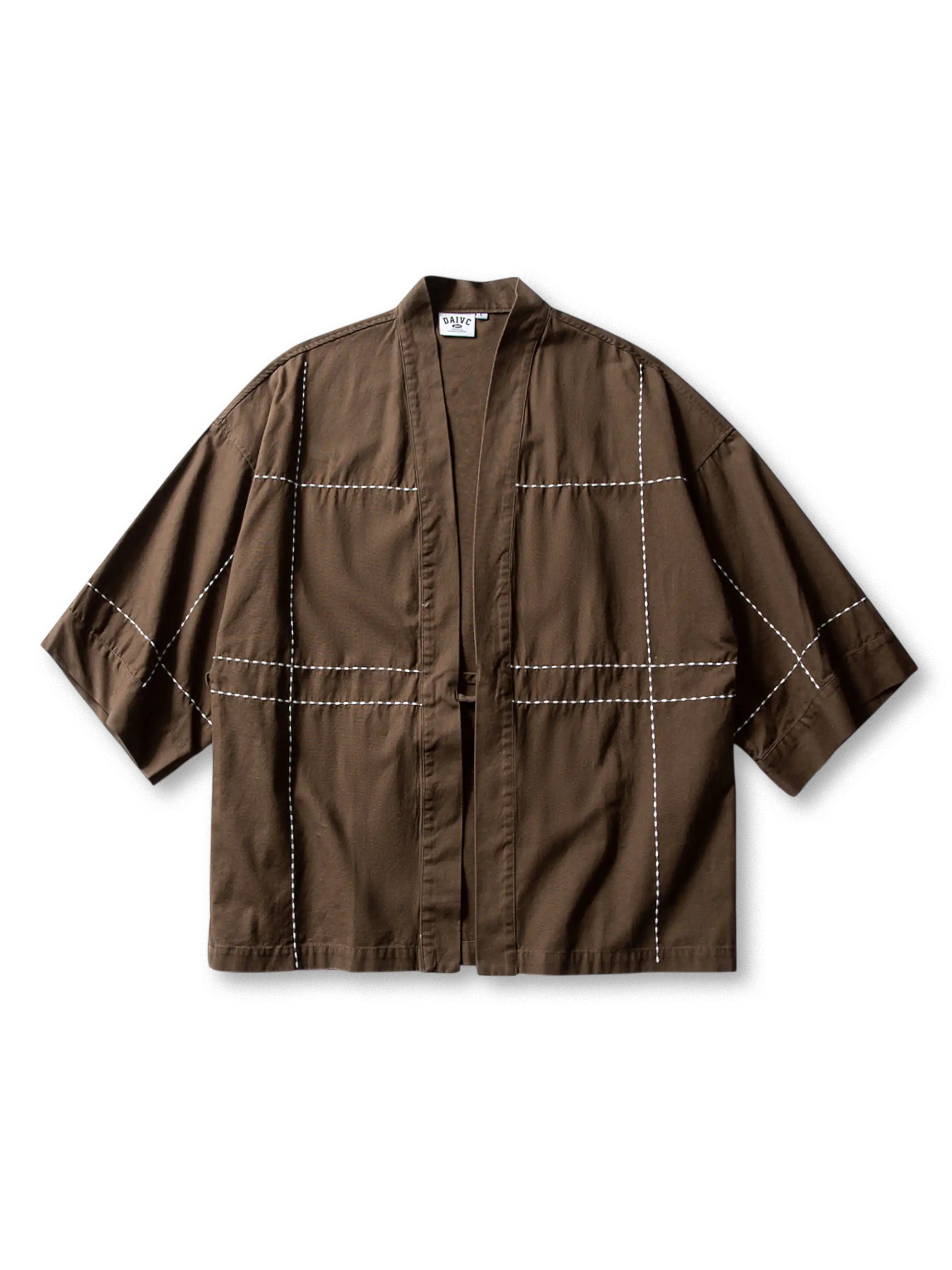 水洗刺子七分袖はんてんの正面、濃紺×カーキの配色デザイン