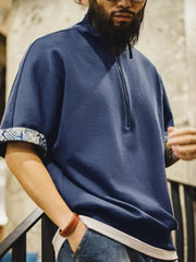 BORO風 ハーフジップポロシャツ