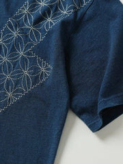 藍染め刺繍ショートスリーブTシャツ
